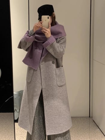 Női gyapjú kabát, visszafordítható, nagy gallér, dupla gombolás, középhosszú