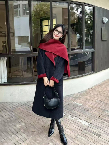 Női gyapjú kabát, visszafordítható, nagy gallér, dupla gombolás, középhosszú