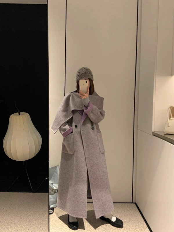 Női gyapjú kabát, visszafordítható, nagy gallér, dupla gombolás, középhosszú