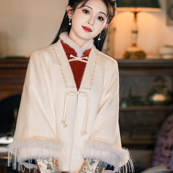 Ženski šal-kabát s umjetnim krznom ovratnikom, resice, izvezen, jednostavan uzorak, produženi kroj