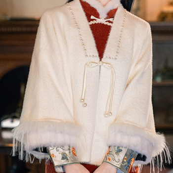 Ženski šal-kabát s umjetnim krznom ovratnikom, resice, izvezen, jednostavan uzorak, produženi kroj