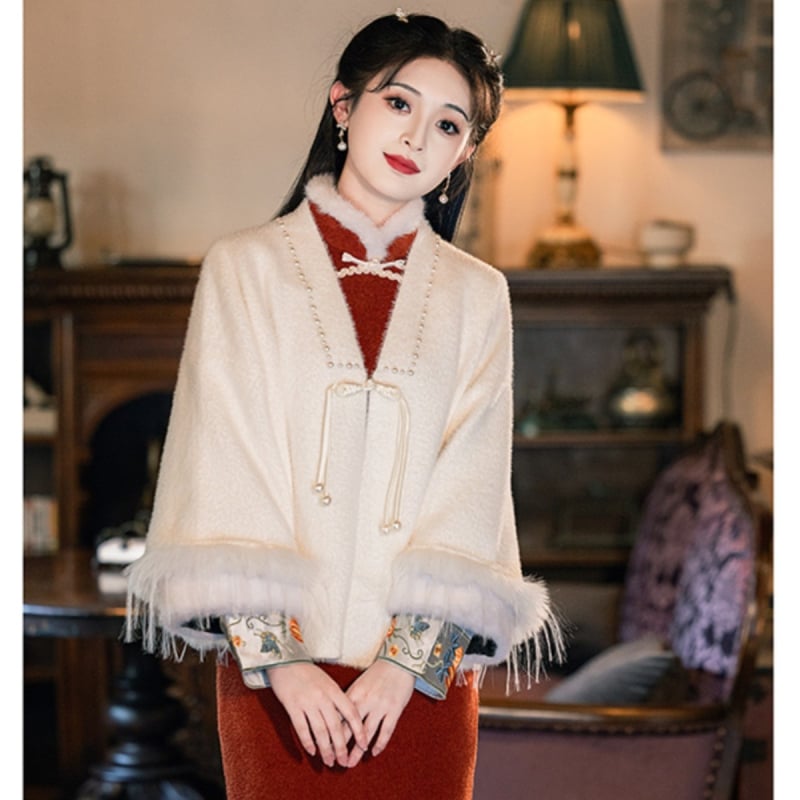 Ženski šal-kabát s umjetnim krznom ovratnikom, resice, izvezen, jednostavan uzorak, produženi kroj