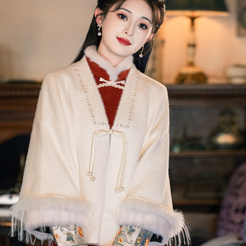 Ženski šal-kabát s umjetnim krznom ovratnikom, resice, izvezen, jednostavan uzorak, produženi kroj