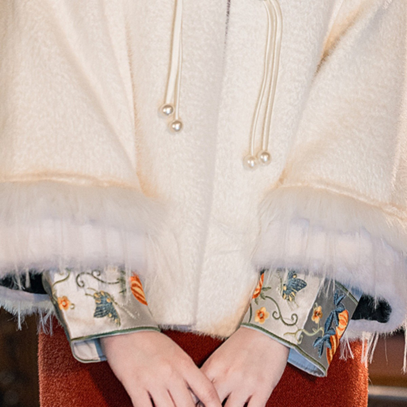 Ženski šal-kabát s umjetnim krznom ovratnikom, resice, izvezen, jednostavan uzorak, produženi kroj