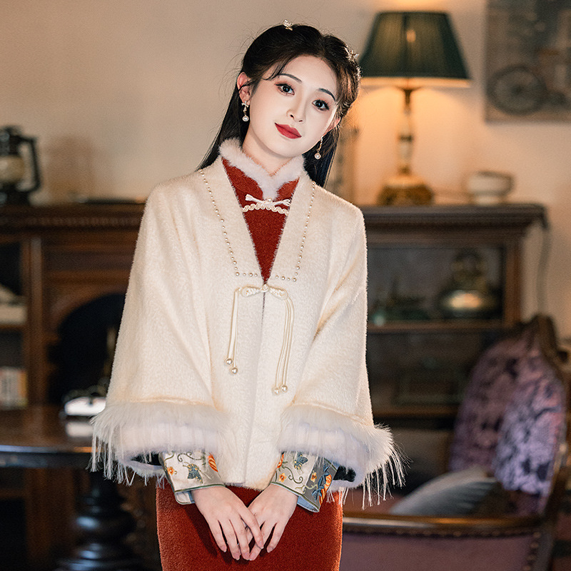 Ženski šal-kabát s umjetnim krznom ovratnikom, resice, izvezen, jednostavan uzorak, produženi kroj