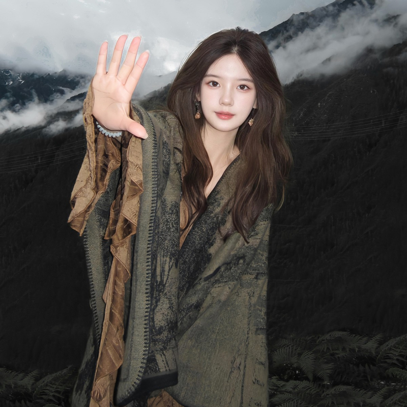 Ženski šal s etno motivom od imitacije kašmira, cvjetni uzorak, kvadratni oblik, zadržava toplinu, pogodan za sva godišnja doba, prilagodba dostupna