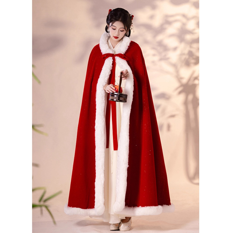 Ősi kínai stílusú menyasszonyi cape, vastag fleece-bélés, pamutból, egyszínű, Tang-stílusú/hercegnő-stílus, melegen tart, 2025 ősz