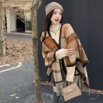 Șal-poncho pentru femei, carouri, poliester, țesătură jacquard, toamnă-iarnă, stil elegant de doamnă