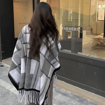 Șal-poncho pentru femei, carouri, poliester, țesătură jacquard, toamnă-iarnă, stil elegant de doamnă