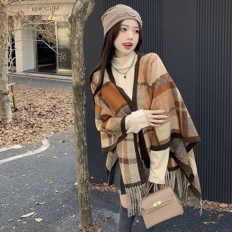 Șal-poncho pentru femei, carouri, poliester, țesătură jacquard, toamnă-iarnă, stil elegant de doamnă