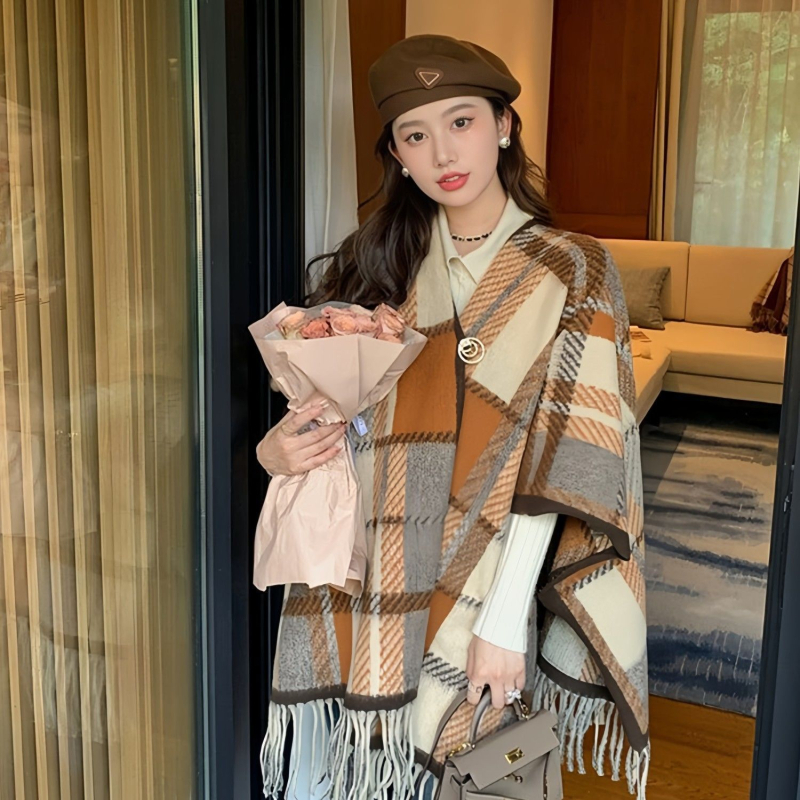 Șal-poncho pentru femei, carouri, poliester, țesătură jacquard, toamnă-iarnă, stil elegant de doamnă