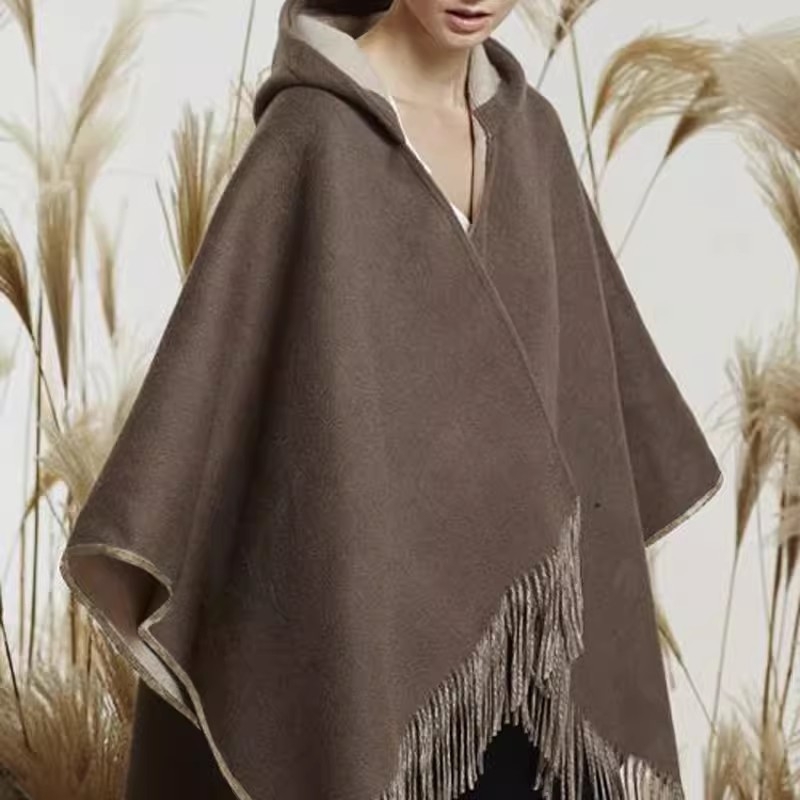 Unisex kapuljača-šal-pončo od janjeće vune, dvostrano, pleteni weft-knit, karirani uzorak, europsko-američki street stil