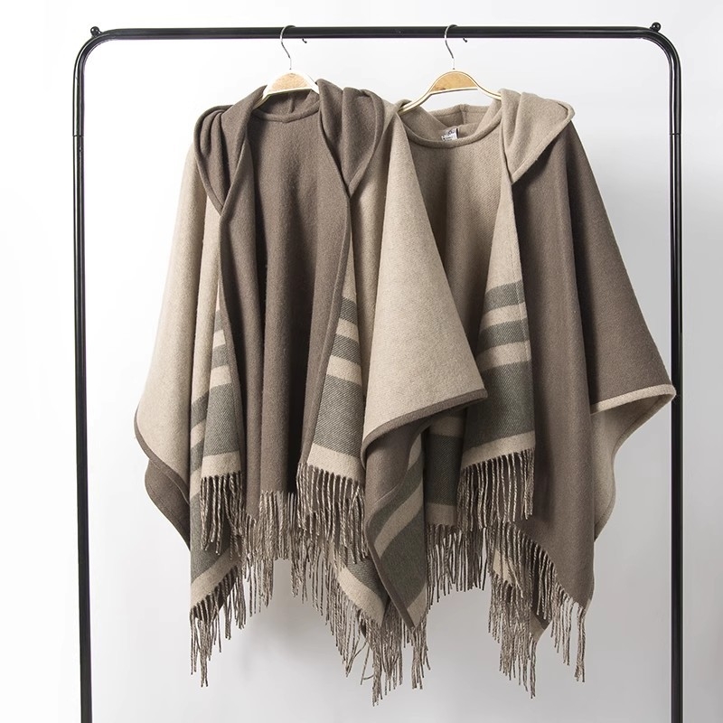 Unisex kapuljača-šal-pončo od janjeće vune, dvostrano, pleteni weft-knit, karirani uzorak, europsko-američki street stil