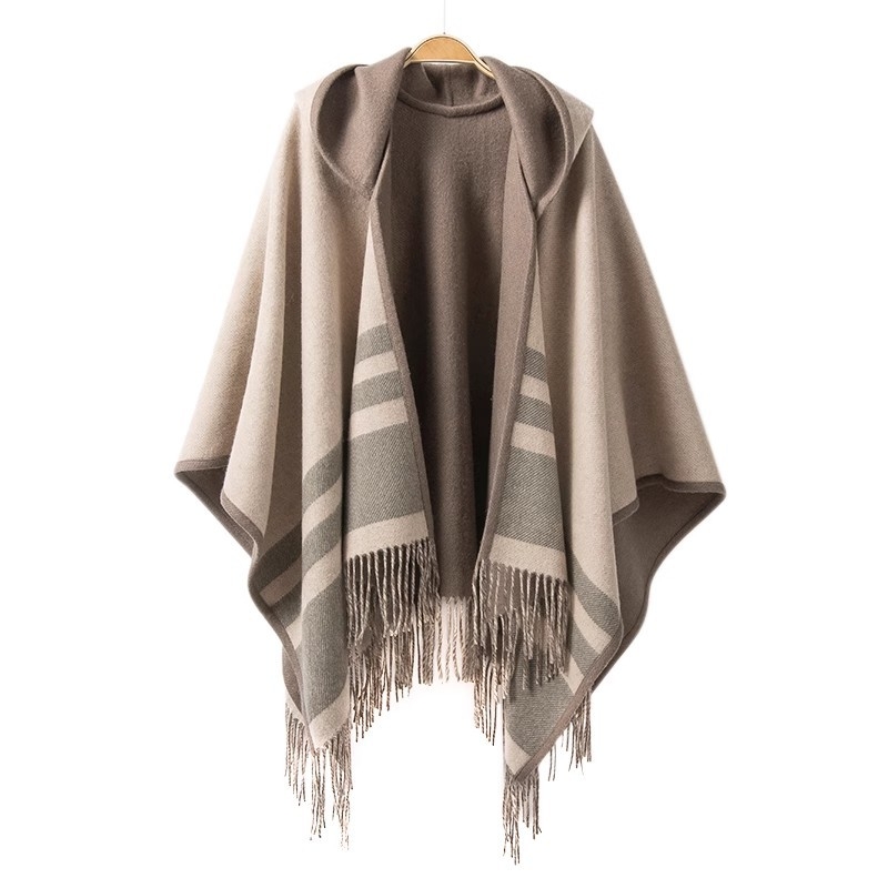 Unisex kapuljača-šal-pončo od janjeće vune, dvostrano, pleteni weft-knit, karirani uzorak, europsko-američki street stil