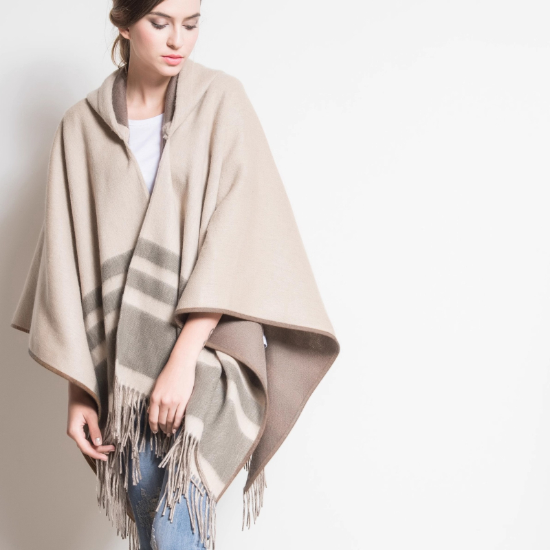 Unisex kapuljača-šal-pončo od janjeće vune, dvostrano, pleteni weft-knit, karirani uzorak, europsko-američki street stil