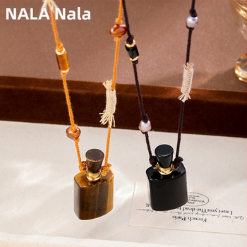 Garā džemperu kaklarota ar pītu virves ķēdi, tigra acs akmens kulons, parfūma pudeles forma, dabisks akmens, unisex stils