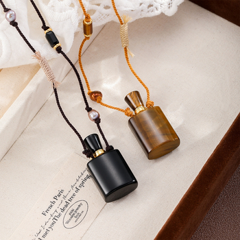 Garā džemperu kaklarota ar pītu virves ķēdi, tigra acs akmens kulons, parfūma pudeles forma, dabisks akmens, unisex stils