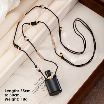 Garā džemperu kaklarota ar pītu virves ķēdi, tigra acs akmens kulons, parfūma pudeles forma, dabisks akmens, unisex stils