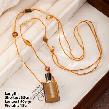 Garā džemperu kaklarota ar pītu virves ķēdi, tigra acs akmens kulons, parfūma pudeles forma, dabisks akmens, unisex stils