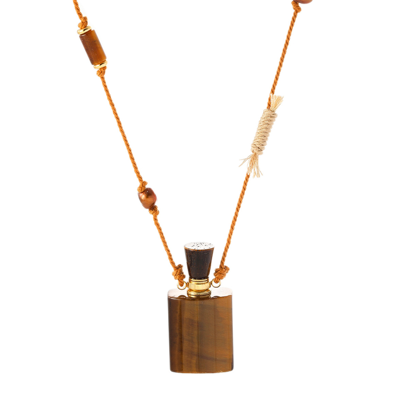 Garā džemperu kaklarota ar pītu virves ķēdi, tigra acs akmens kulons, parfūma pudeles forma, dabisks akmens, unisex stils