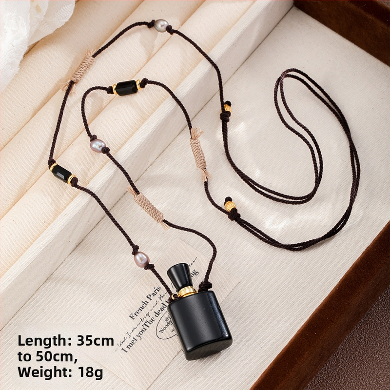 Garā džemperu kaklarota ar pītu virves ķēdi, tigra acs akmens kulons, parfūma pudeles forma, dabisks akmens, unisex stils