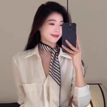 Шелков шарф с ивици за жени, сатиново тъкане, дълъг дизайн за врата, офисен стил