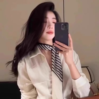 Шелков шарф с ивици за жени, сатиново тъкане, дълъг дизайн за врата, офисен стил