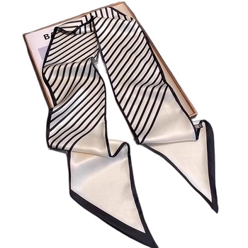 Шелков шарф с ивици за жени, сатиново тъкане, дълъг дизайн за врата, офисен стил