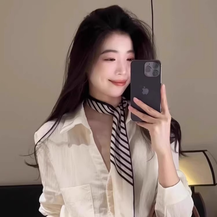 Шелков шарф с ивици за жени, сатиново тъкане, дълъг дизайн за врата, офисен стил