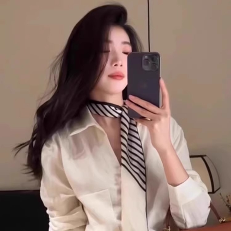 Шелков шарф с ивици за жени, сатиново тъкане, дълъг дизайн за врата, офисен стил