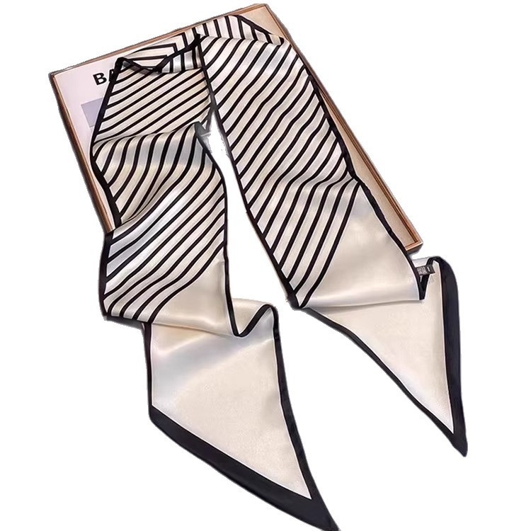 Шелков шарф с ивици за жени, сатиново тъкане, дълъг дизайн за врата, офисен стил