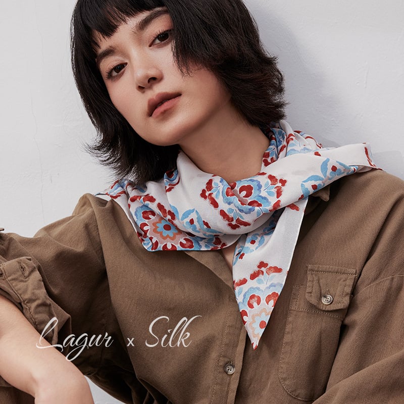 Копринен квадратен шал - 100% коприна, оригинален дизайн, печат, марка LAgUr, пролет 2025