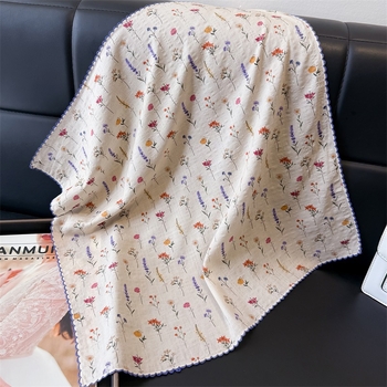 Flóra mintás kendő csipkés széllel, könnyű, lélegző pamut-len anyag, sima szövés, tavasz