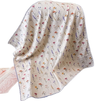 Flóra mintás kendő csipkés széllel, könnyű, lélegző pamut-len anyag, sima szövés, tavasz