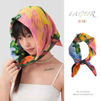 Копринен квадратен шал с оригинален дизайн, 100% коприна, печат, есен