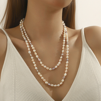 Extrahosszú csomós édesvízi gyöngy nyaklánc, 81 cm felett, 7–8 mm gyöngyök, réz alkatrészek