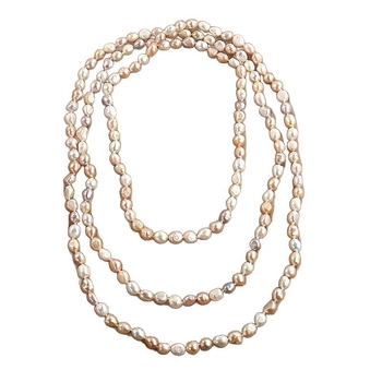 Extrahosszú csomós édesvízi gyöngy nyaklánc, 81 cm felett, 7–8 mm gyöngyök, réz alkatrészek