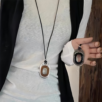 Colier din oțel titan, pandant oval, lanț standard, stil geometric și retro literar, Vara 2024