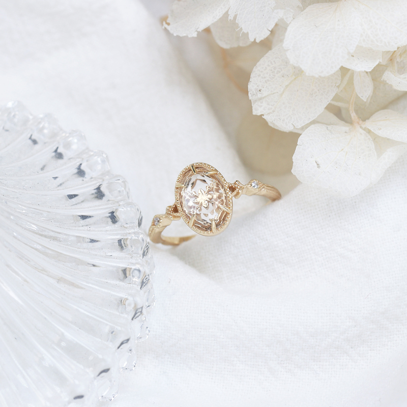 Gyűrű hópehely és geometriai formákkal, beépített kristályokkal, ezüst 925, retro művészi stílus