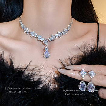 Cirkón csepp fülbevaló és nyaklánc szett, kulcscsont-lánccal, könnyed luxus stílusú esküvői ékszer nőknek