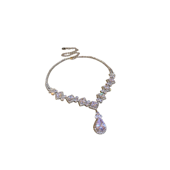 Cirkón csepp fülbevaló és nyaklánc szett, kulcscsont-lánccal, könnyed luxus stílusú esküvői ékszer nőknek