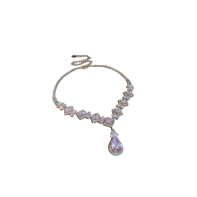 Cirkón csepp fülbevaló és nyaklánc szett, kulcscsont-lánccal, könnyed luxus stílusú esküvői ékszer nőknek