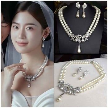 Set colier și cercei cu perle – Perle artificiale, electroplating, șir de perle, pandant din aliaj, stil coreean, proaspăt și dulce