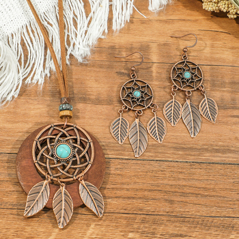 Σετ κοσμημάτων: σκουλαρίκια και κολιέ με θέμα dream catcher, μποέμ στυλ, με μοτίβο ιστού αράχνης; υλικά: ψευδάργυρος κράμα; υλικό κρεμαστού: κράμα; τύπος αλυσίδας: κανονική αλυσίδα; φινίρισμα: ηλεκτροπλατίωση