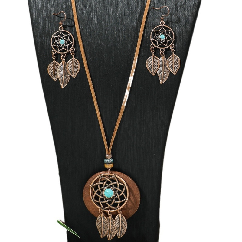 Σετ κοσμημάτων: σκουλαρίκια και κολιέ με θέμα dream catcher, μποέμ στυλ, με μοτίβο ιστού αράχνης; υλικά: ψευδάργυρος κράμα; υλικό κρεμαστού: κράμα; τύπος αλυσίδας: κανονική αλυσίδα; φινίρισμα: ηλεκτροπλατίωση