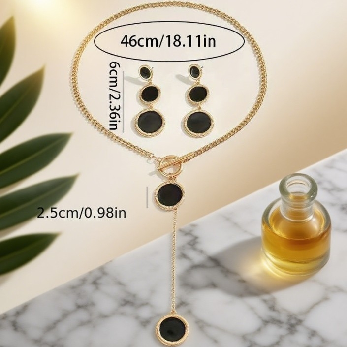 Ženski set nakita: geometrijski kružni privjesak s O-vezom, naušnice i ogrlica, retro stil, privjesak od cinka, elektroplating, ljeto 2025