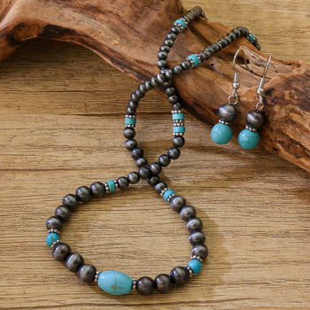 Set de bijuterii: cercei și colier, mărgele din acril, pandantiv turcoaz, lanț cu mărgele rotunde, stil etno-retro