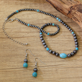 Set de bijuterii: cercei și colier, mărgele din acril, pandantiv turcoaz, lanț cu mărgele rotunde, stil etno-retro