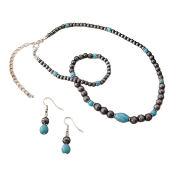 Set de bijuterii: cercei și colier, mărgele din acril, pandantiv turcoaz, lanț cu mărgele rotunde, stil etno-retro
