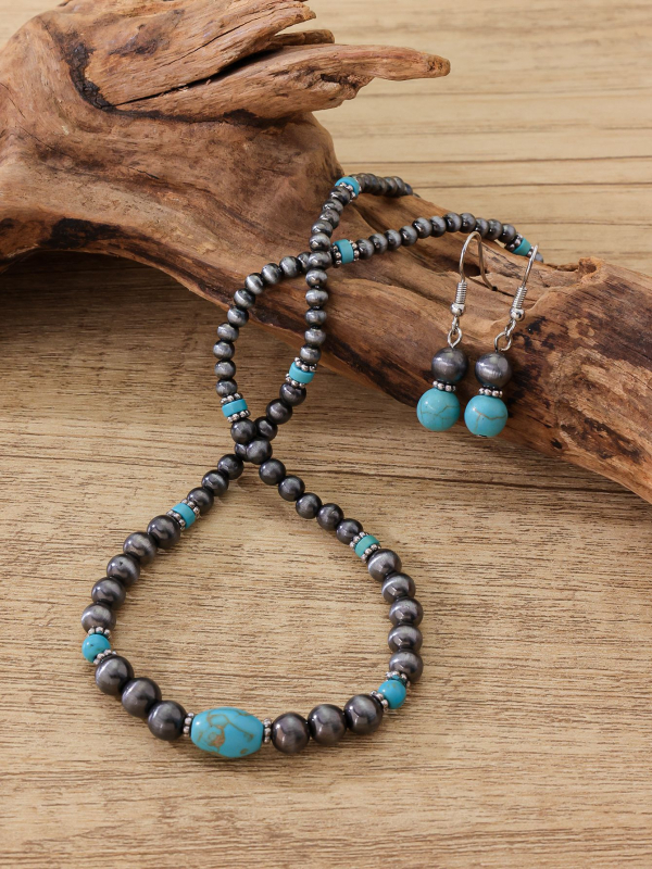 Set de bijuterii: cercei și colier, mărgele din acril, pandantiv turcoaz, lanț cu mărgele rotunde, stil etno-retro